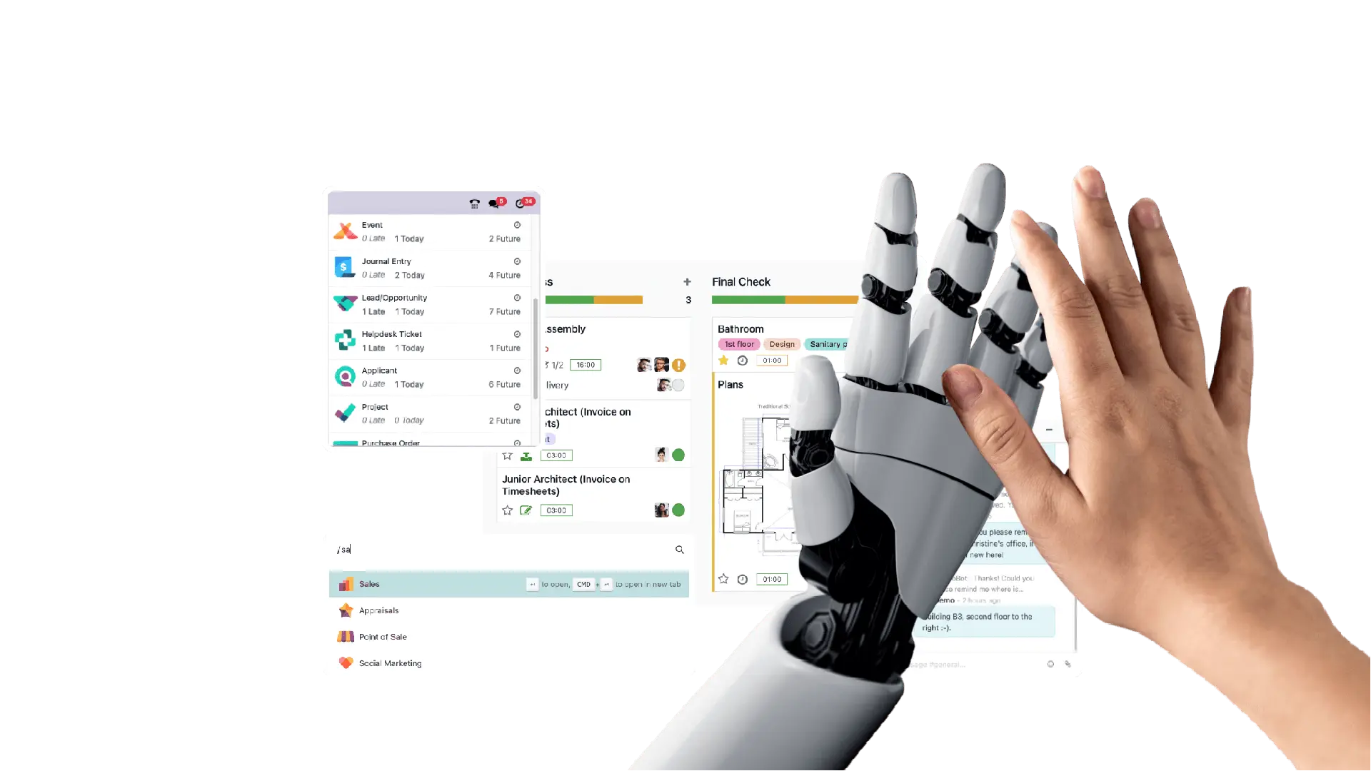 Mano humana interactuando con mano robótica sobre interfaz de Odoo ERP y RPA