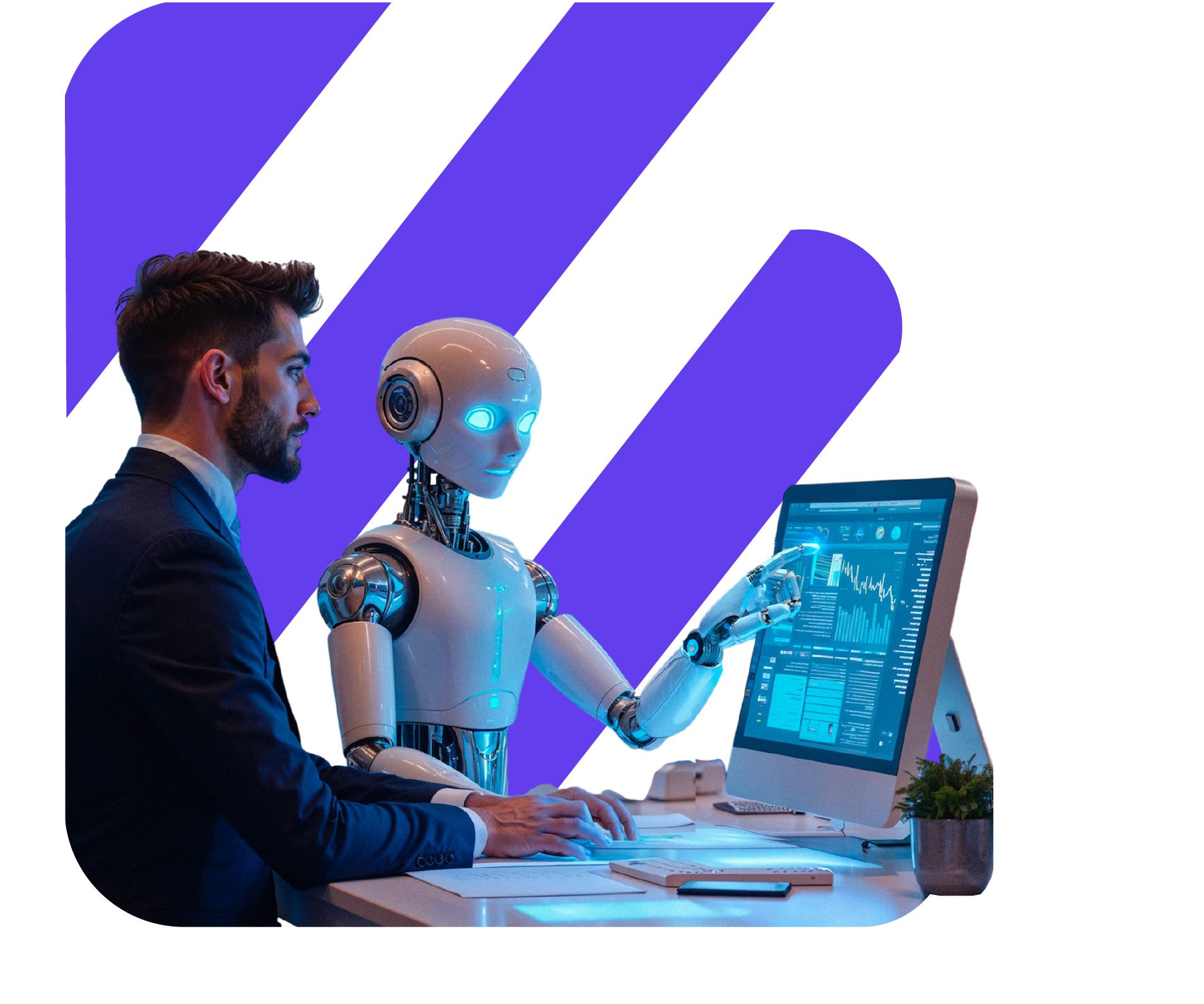 Ejecutivo trabajando con robot de inteligencia artificial en análisis de datos