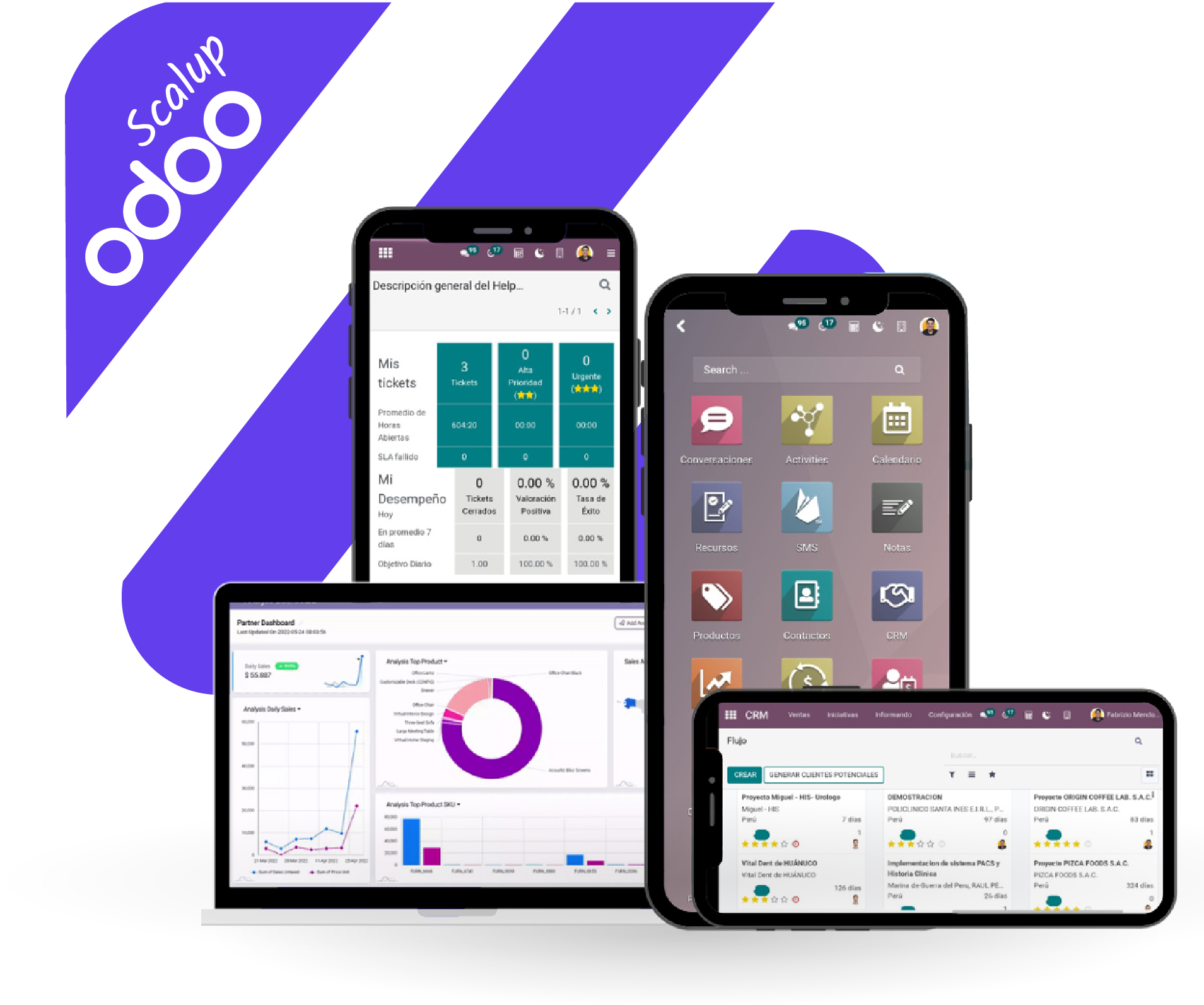 Interfaces de Odoo ERP mostradas en laptop y dispositivos móviles, solución escalable en 12 semanas