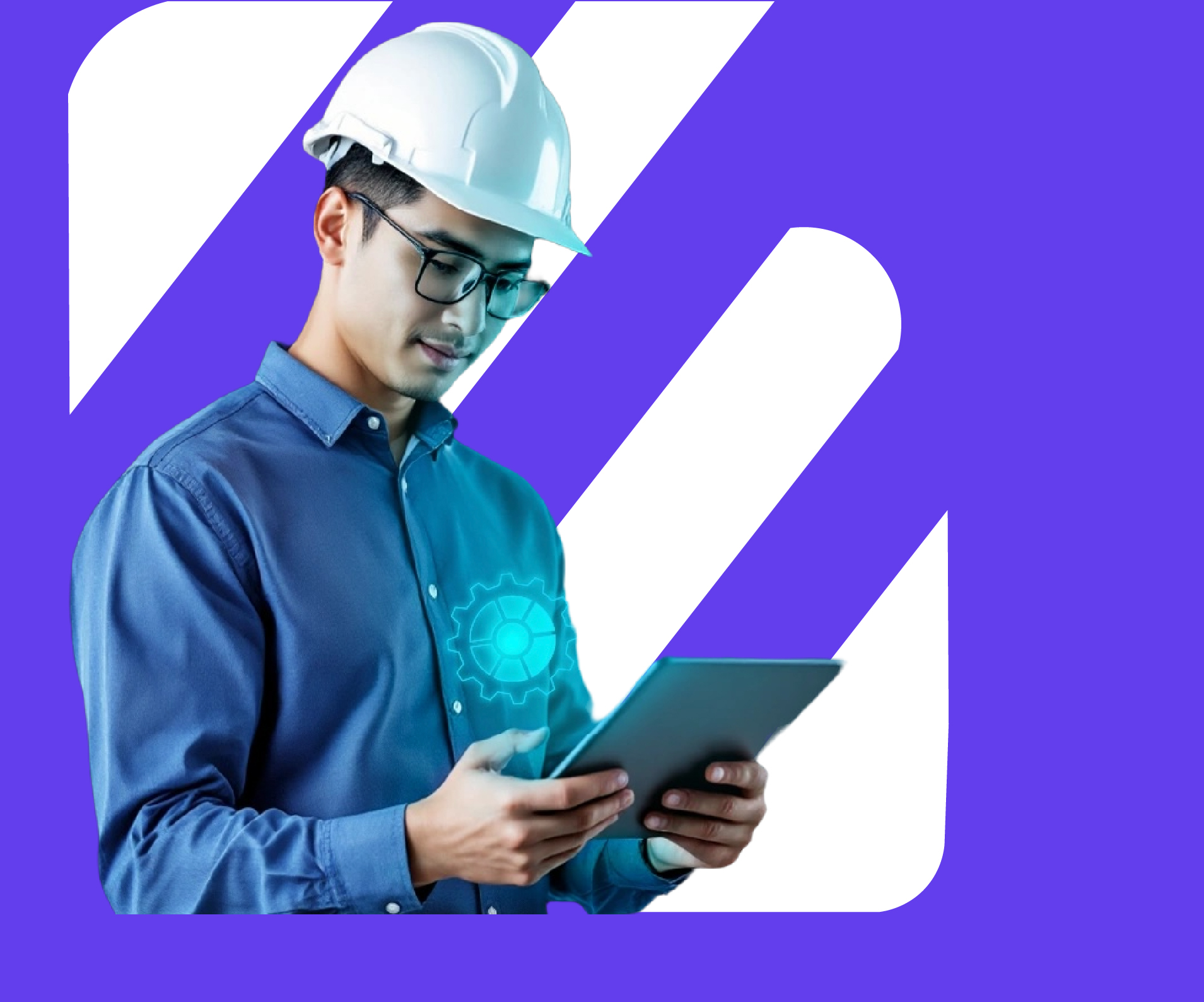 Ingeniero con casco usando tablet para gestión digital de proyectos con tecnología avanzada