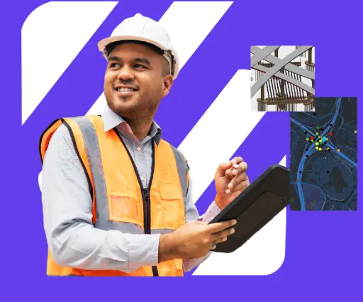 Ingeniero con casco y tablet gestionando proyectos de construcción con tecnología y geolocalización