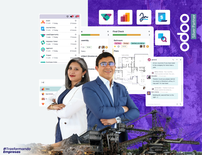 Imagen corporativa de Sointem mostrando soluciones de transformación digital con Odoo ERP aplicadas al sector minero en Ecuador. Representa automatización de procesos, control operativo, análisis de datos y gestión empresarial integrada para mejorar la eficiencia y rentabilidad.